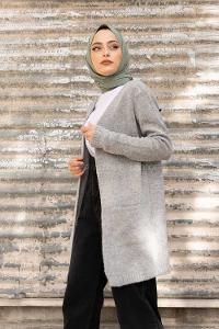 Modalamelif Çift Cepli Ara Boy Triko Hırka Gri