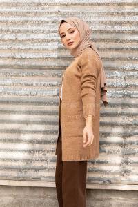 Modalamelif Çift Cepli Ara Boy Triko Hırka Karamel