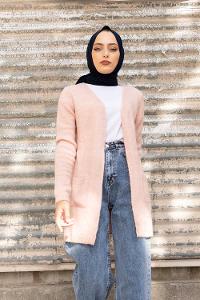 Modalamelif Çift Cepli Ara Boy Triko Hırka Pudra