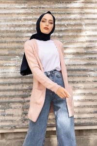 Modalamelif Çift Cepli Ara Boy Triko Hırka Pudra