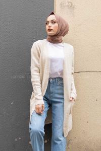 Modalamelif Çift Cepli Uzun Hırka Bej