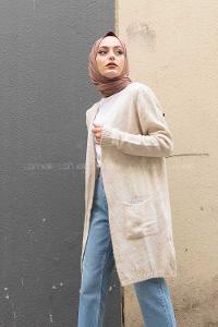 Modalamelif Çift Cepli Uzun Hırka Bej