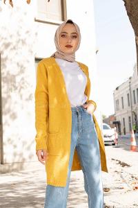 Modalamelif Çift Cepli Uzun Hırka Hardal Sarısı