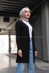 Modalamelif Çift Cepli Uzun Hırka Siyah