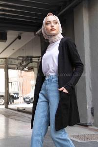 Modalamelif Çift Cepli Uzun Hırka Siyah