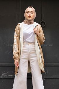 Modalamelif İçi Kürklü Kapşonlu Mont Bej