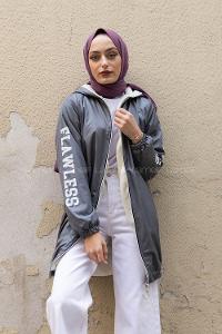 Modalamelif İçi Kürklü Kapşonlu Mont Gri