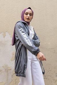 Modalamelif İçi Kürklü Kapşonlu Mont Gri