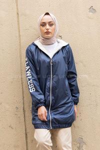 Modalamelif İçi Kürklü Kapşonlu Mont Lacivert