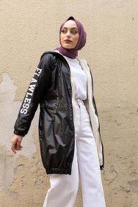 Modalamelif İçi Kürklü Kapşonlu Mont Siyah