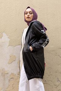 Modalamelif İçi Kürklü Kapşonlu Mont Siyah