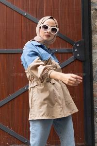 Modalamelif Kapak Cepli Garnili Kot Ceket Taş Rengi