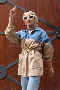 Modalamelif Kapak Cepli Garnili Kot Ceket Taş Rengi