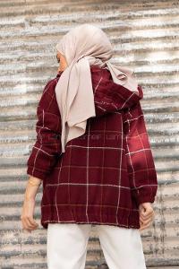 Modalamelif Kol Lastikli Ekose Desen Ceket Bordo