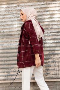 Modalamelif Kol Lastikli Ekose Desen Ceket Bordo