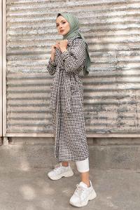 Modalamelif Kuşaklı Kazayağı Desen Kaban Siyah