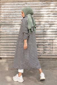 Modalamelif Kuşaklı Kazayağı Desen Kaban Siyah