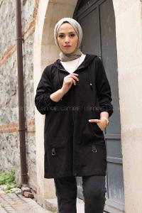 Modalamelif Önü Fermuarlı Gabardin Kap Siyah