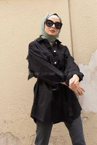 Modalamelif Yan Cep Kuşaklı Kot Ceket Siyah