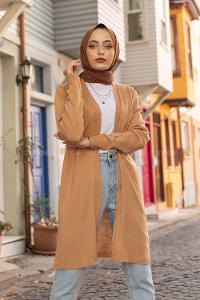 Modalamelif İnce Fitilli Uzun Hırka Camel