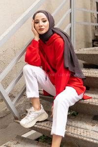 Modalamelif  Kanguru Cep Kapşonlu Sweatshirt Kırmızı