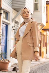 Modalamelif Kaplama Düğmeli Ceket Camel