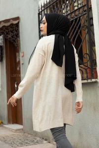 Modalamelif Ön Düğmeli İnce Fitilli Triko Hırka Ekru