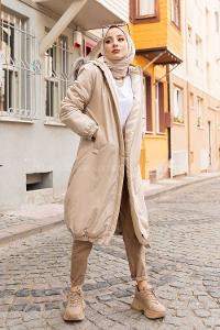 Modalamelif Önü Gizli Fermuarlı Kapşonlu Mont Taş Rengi