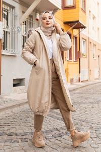 Modalamelif Önü Gizli Fermuarlı Kapşonlu Mont Taş Rengi