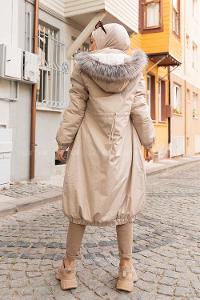 Modalamelif Önü Gizli Fermuarlı Kapşonlu Mont Taş Rengi