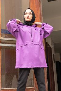 Modalamelif Önü Yarım Fermuarlı Balon Kol Sweatshirt Mor