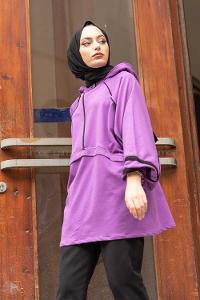 Modalamelif Önü Yarım Fermuarlı Balon Kol Sweatshirt Mor