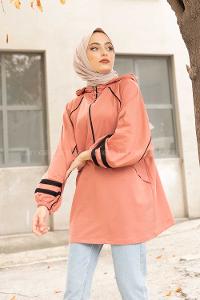 Modalamelif Önü Yarım Fermuarlı Balon Kol Sweatshirt Pudra