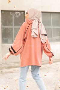 Modalamelif Önü Yarım Fermuarlı Balon Kol Sweatshirt Pudra