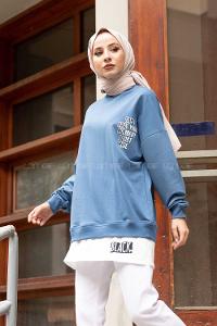Modalamelif Bisiklet Yaka Can I Have Baskılı Sweatshirt İndigo