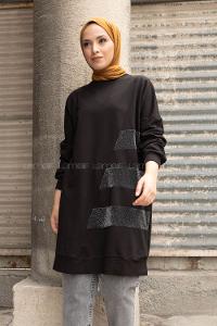 Modalamelif Bisiklet Yaka Simli Sweatshirt Siyah