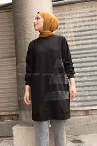 Modalamelif Bisiklet Yaka Simli Sweatshirt Siyah