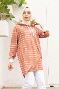Modalamelif Beyaz Çizgili Kapşonlu Sweat Gül