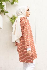 Modalamelif Beyaz Çizgili Kapşonlu Sweat Gül