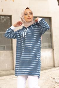 Modalamelif Beyaz Çizgili Kapşonlu Sweat İndigo