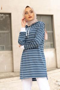 Modalamelif Beyaz Çizgili Kapşonlu Sweat İndigo