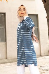 Modalamelif Beyaz Çizgili Kapşonlu Sweat İndigo