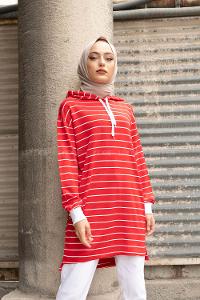 Modalamelif Beyaz Çizgili Kapşonlu Sweat Kırmızı
