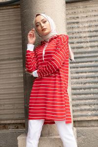 Modalamelif Beyaz Çizgili Kapşonlu Sweat Kırmızı