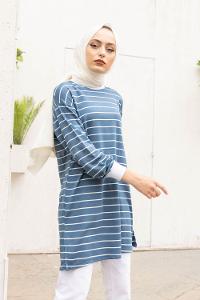 Modalamelif Çizgili Basıc Tunik İndigo