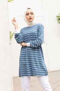 Modalamelif Çizgili Basıc Tunik İndigo
