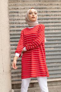 Modalamelif Çizgili Basıc Tunik Kırmızı