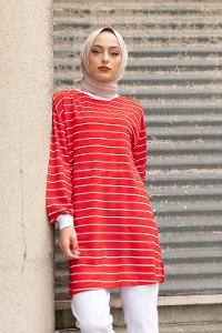Modalamelif Çizgili Basıc Tunik Kırmızı