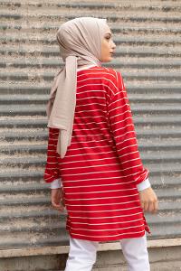 Modalamelif Çizgili Basıc Tunik Kırmızı