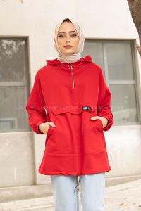 Modalamelif Kanguru Cep Armalı Sweatshirt Kırmızı